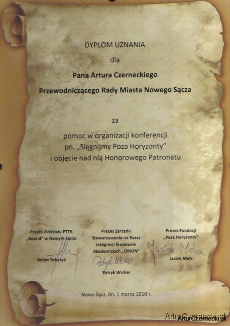 Dyplom uznania za pomoc w organizacji konferencji pn.