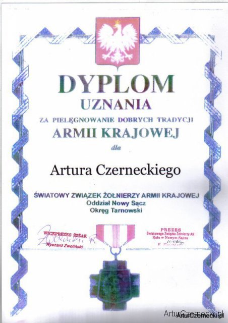 Dyplom uznania za pielęgnacje dobrych tradycji Armi Krajowej